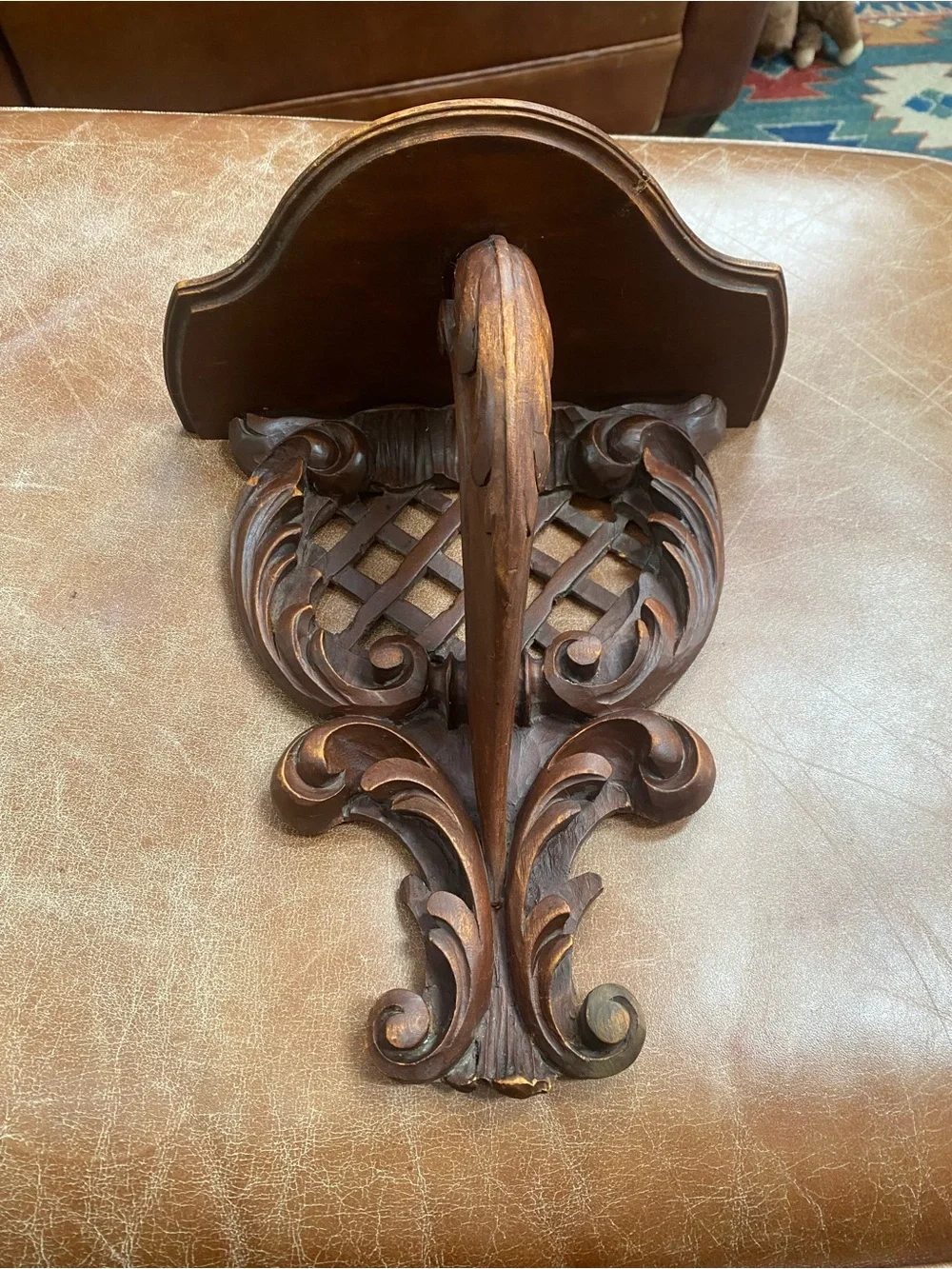 Vintage Hand-Carved Wooden Wall Bracket Shelf scroll detail